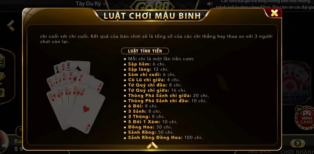 Luật tính tiền trong game bài Mậu Binh